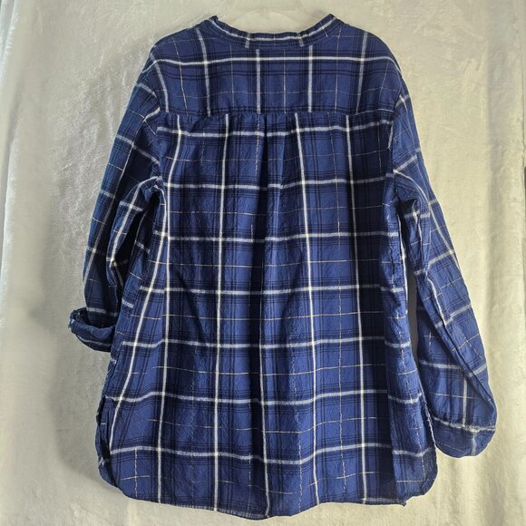 Collection ETC Woman Blue Plaid Shirt Size XL Floral Embroidered Button Up - Picture 2 of 10